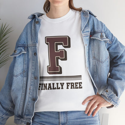 Woman wearing denim jacket F Finally Free T-Shirt – Funny Last Day Of Schhool Gift For Students And Teachers | TEEZOCA 