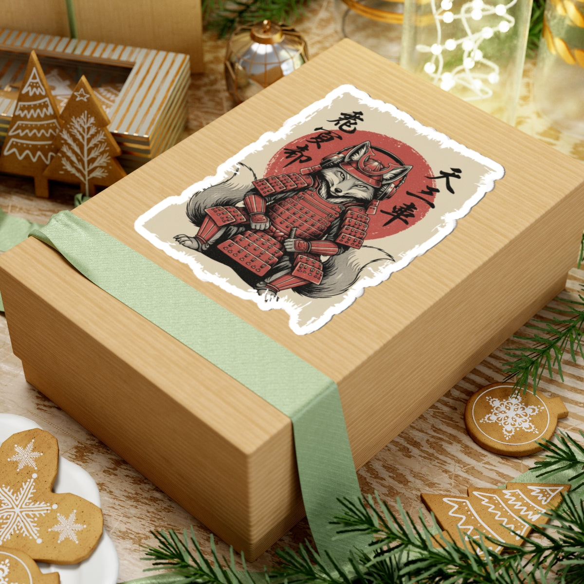Wooden gift box with a decorative label featuring a fox in samurai armor on a festive background.