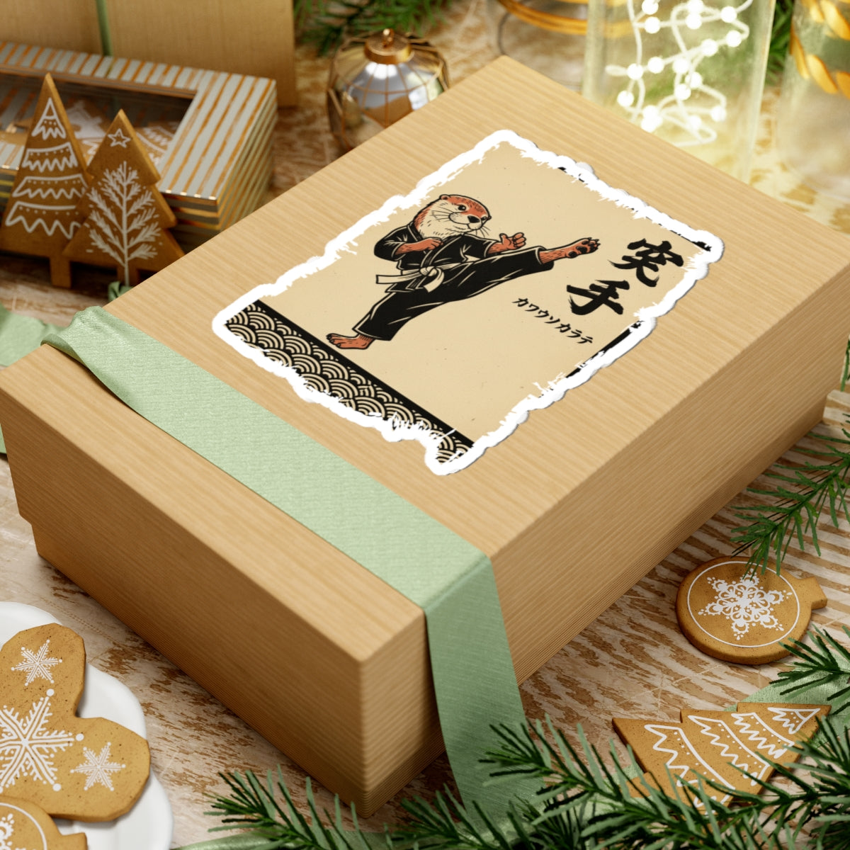 Wooden gift box with a decorative label featuring a martial artist and Chinese characters, surrounded by festive items.