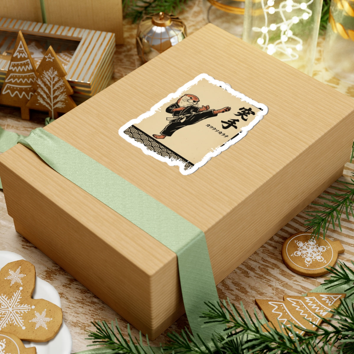 Wooden gift box with a decorative label on a festive background with cookies and Christmas decorations.