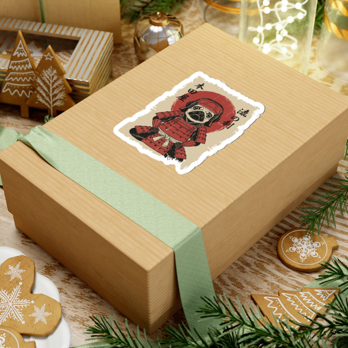 Wooden gift box with a decorative label on a festive background with cookies and lights