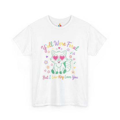 Y'all Were Feral But I Low Key Love You Raccoon T-Shirt – Funny Teacher End of Year Gift | End of Year Teacher Gift by TEEZOCA with funny raccoon shirt artwork and chaotic classroom humor.
