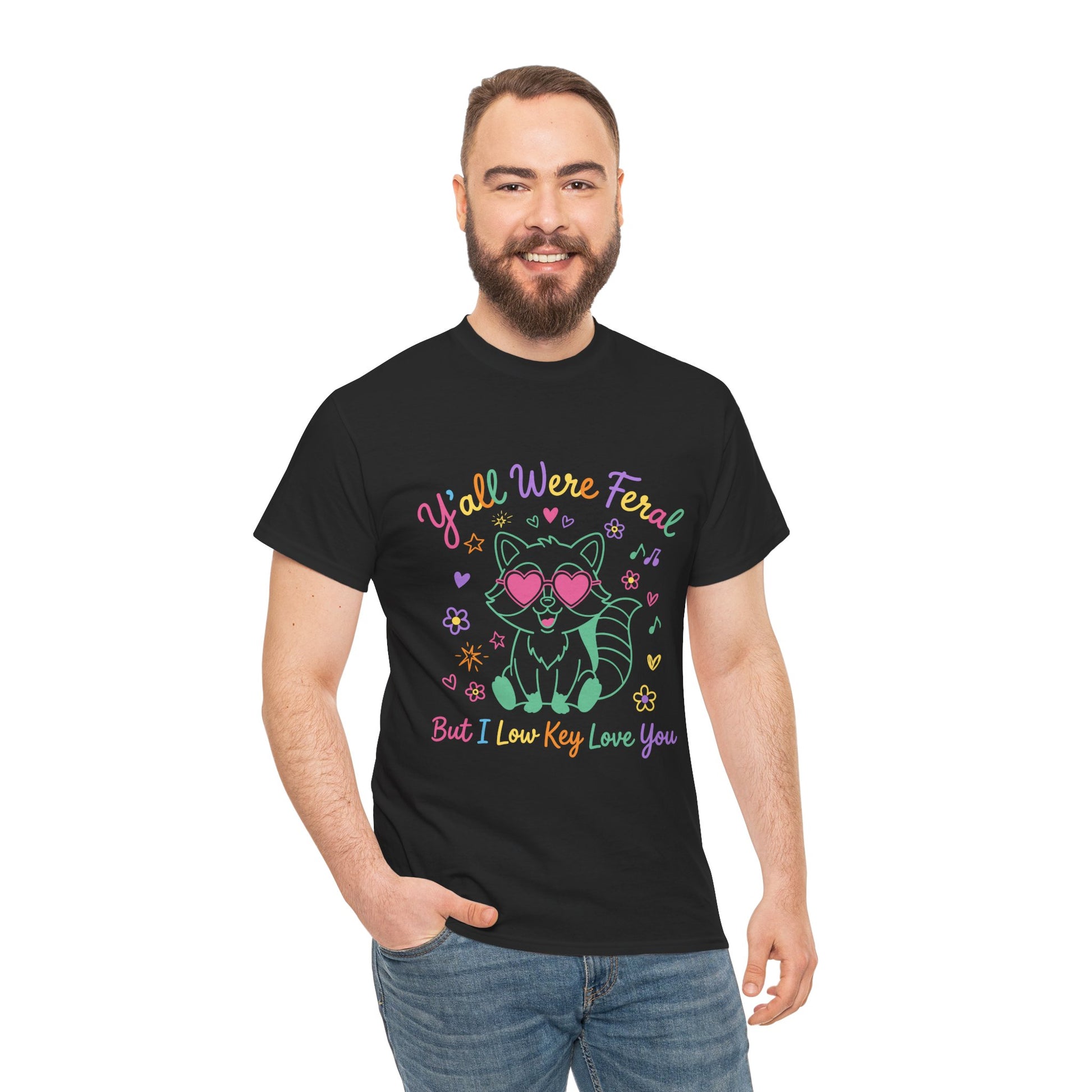 Y'all Were Feral But I Low Key Love You Raccoon T-Shirt – Funny Teacher End of Year Gift | TEEZOCA t-shirt featuring Y'all Were Feral But I Low Key Love You artwork with a colorful raccoon teacher graphic.

