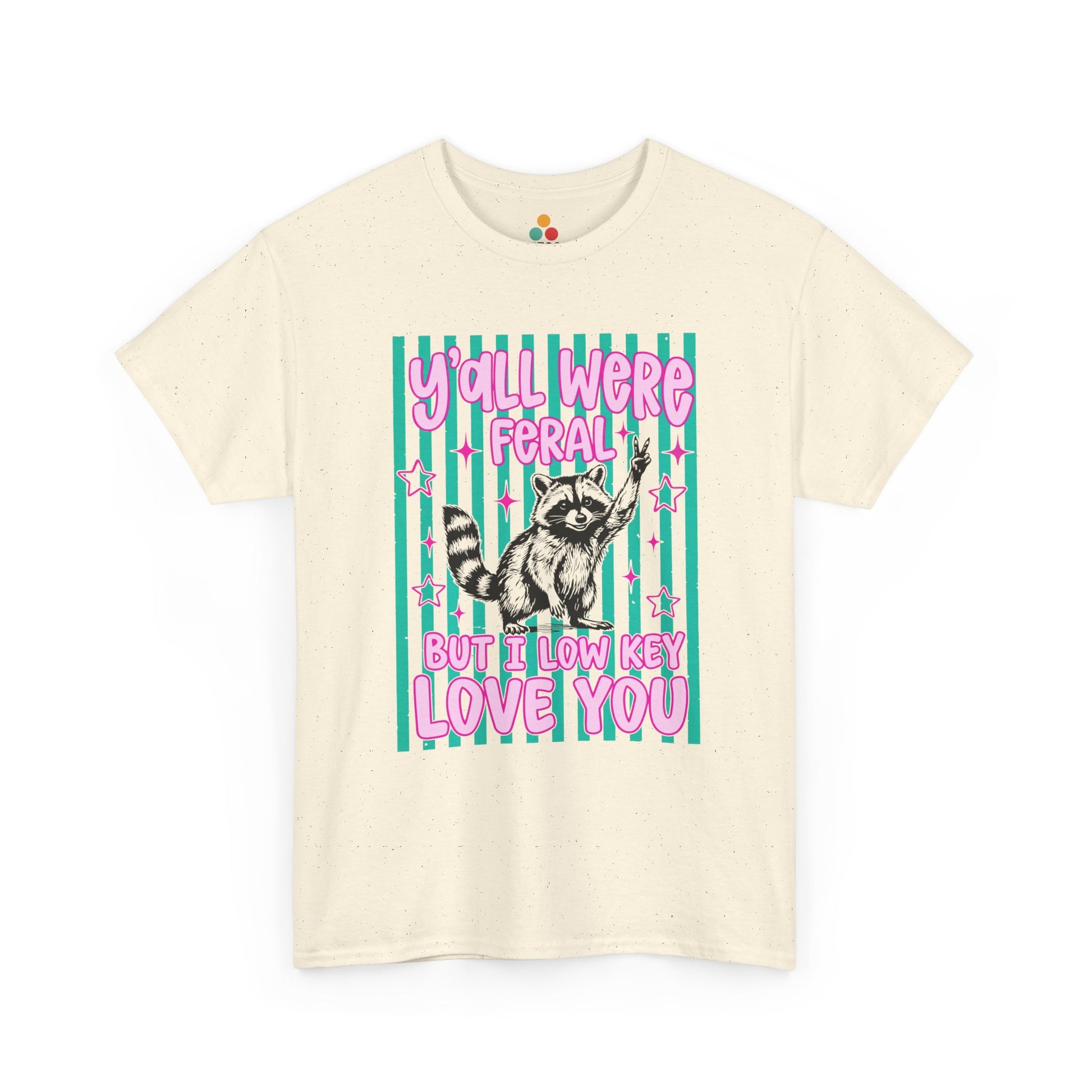 TEEZOCA Unisex T-shirt with Funny End of Year Teacher Shirt Raccoon design, teal stripes, pink stars, and feral class quote.
