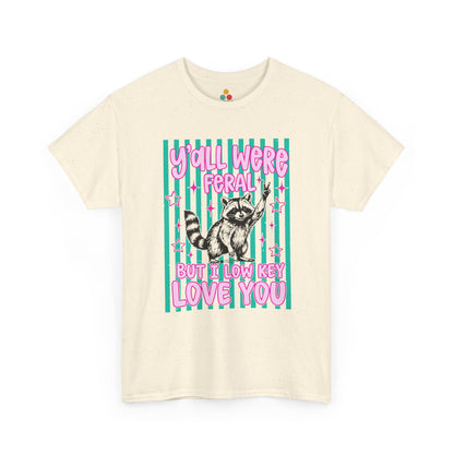 TEEZOCA Unisex T-shirt with Funny End of Year Teacher Shirt Raccoon design, teal stripes, pink stars, and feral class quote.
