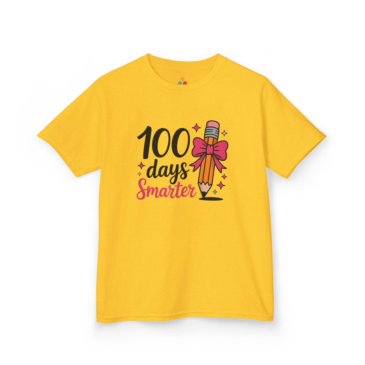 Yellow t-shirt with '100 days smarter' design featuring a pencil and bow on a white background