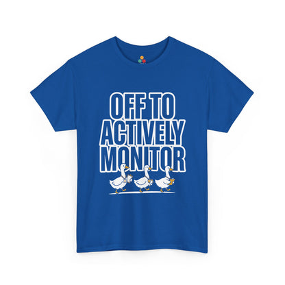 actively monitor teacher shirt duck teacher testing day shirt proctor squad shirt | TEEZOCA Unisex T-shirt with Teacher Team Shirt design, bold Off To Actively Monitor text, and three marching geese.

