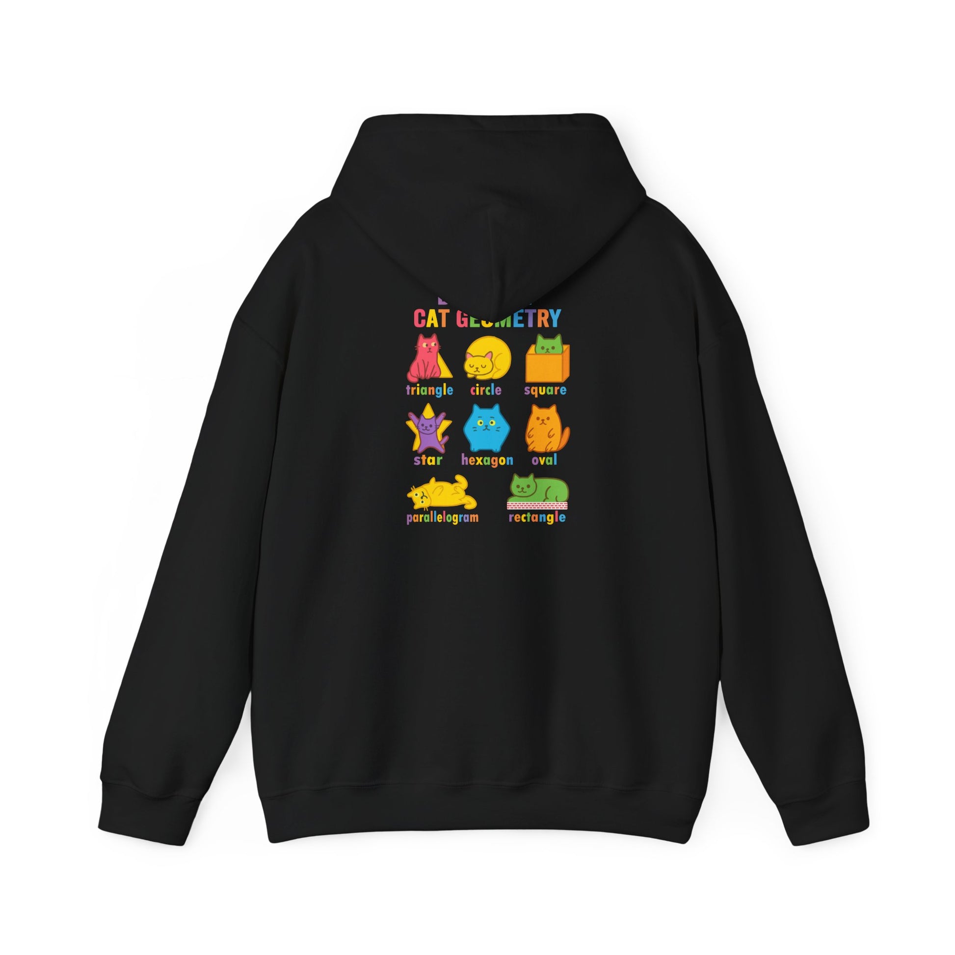 Flat lay of black hoodie displaying vibrant cat geometry art and labeled shapes, highlighting the playful and educational graphic for math and science fans.