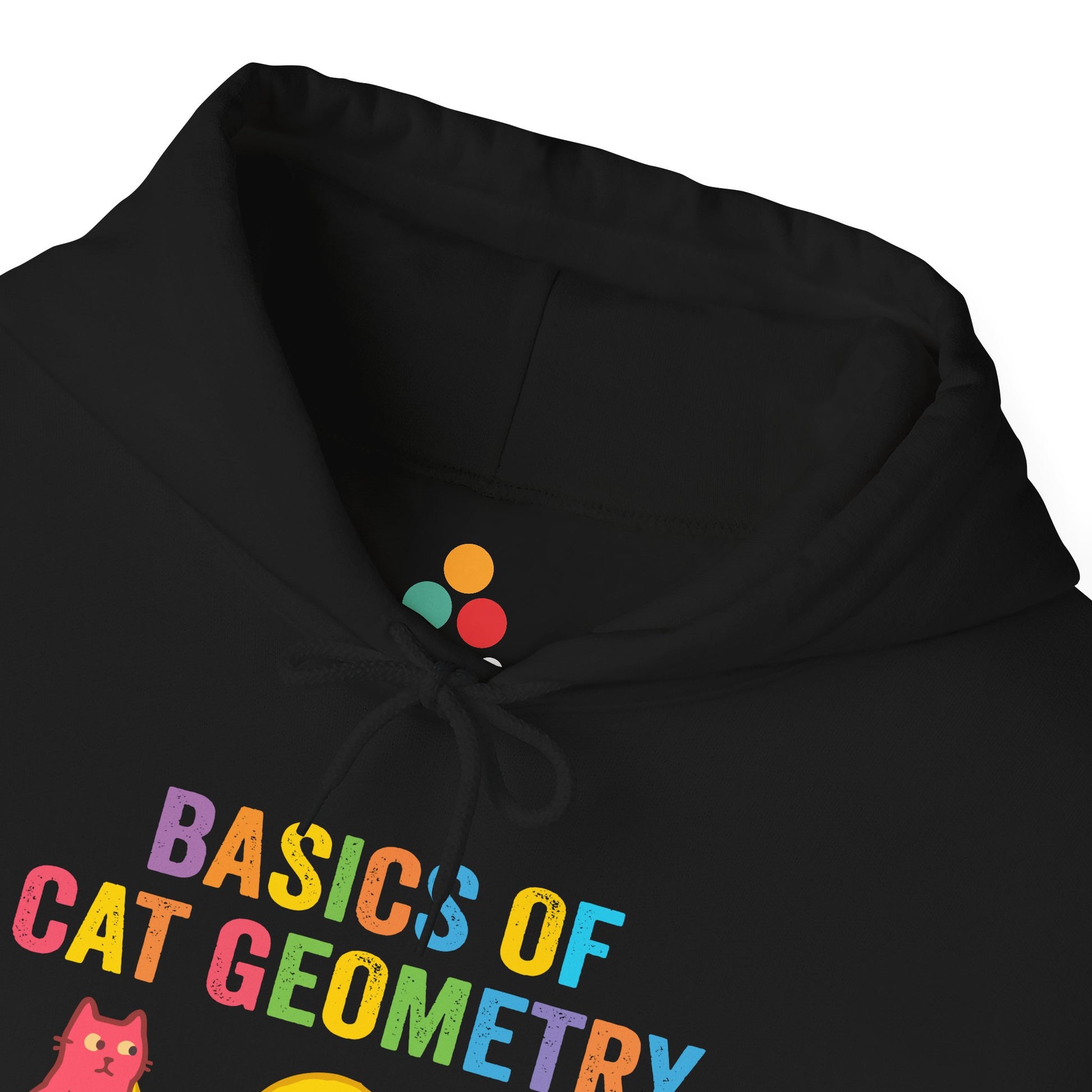 Folded black hoodie focusing on the detailed “Basics of Cat Geometry” print, emphasizing vivid colors and geometric cat patterns for STEM enthusiasts.
