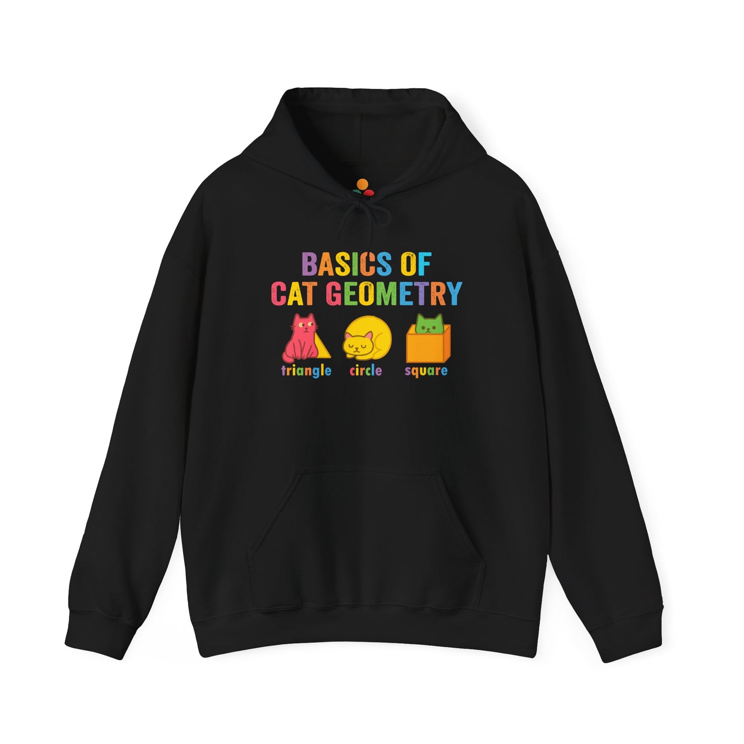  Black hoodie with colorful “Basics of Cat Geometry” design featuring geometric cat shapes in yellow, pink, blue, and orange—perfect for math teachers, cat lovers, and STEM students.