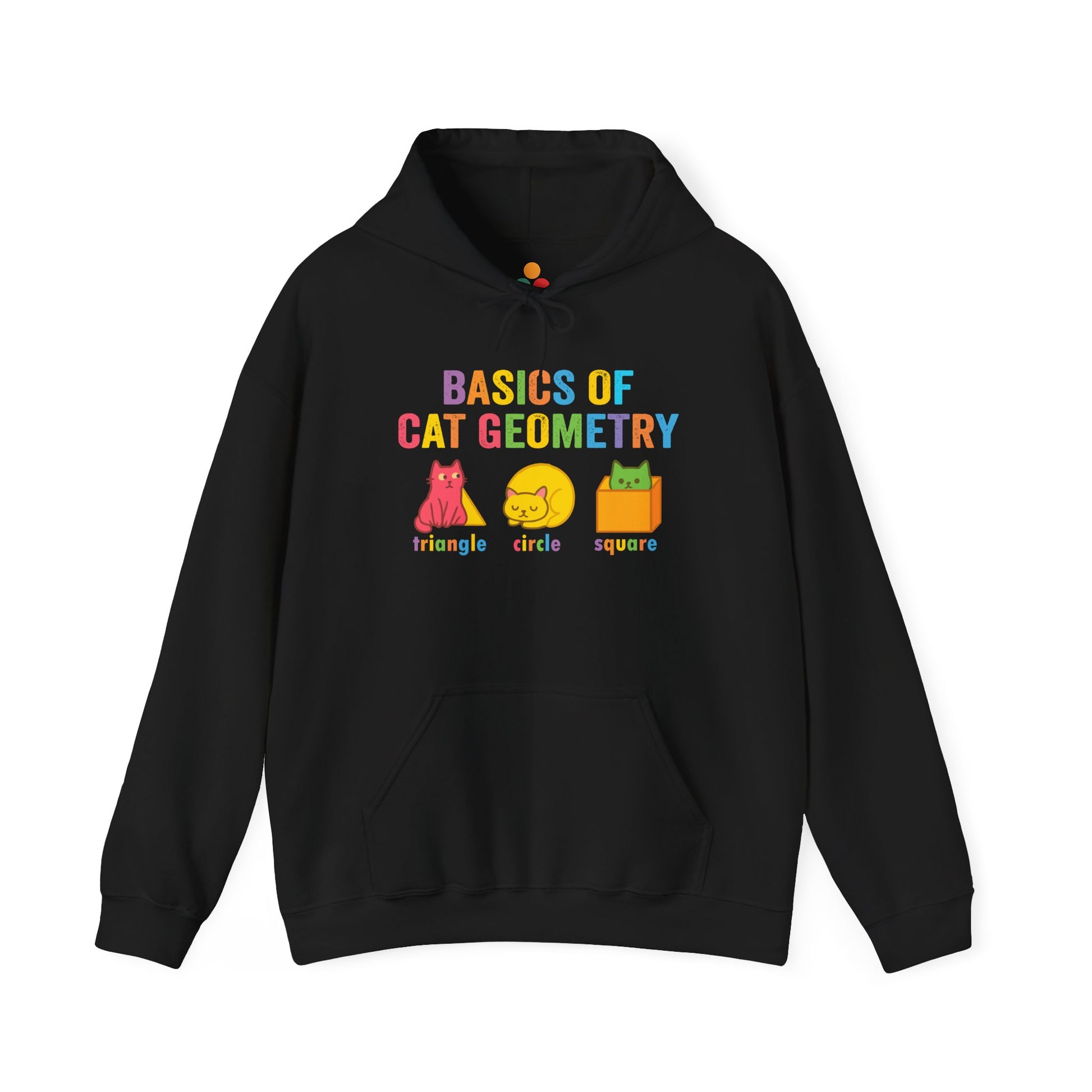  Black hoodie with colorful “Basics of Cat Geometry” design featuring geometric cat shapes in yellow, pink, blue, and orange—perfect for math teachers, cat lovers, and STEM students.