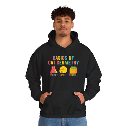 Male model wearing “Basics of Cat Geometry” black hoodie, demonstrating how the playful and smart design fits for math, school, or casual style.
