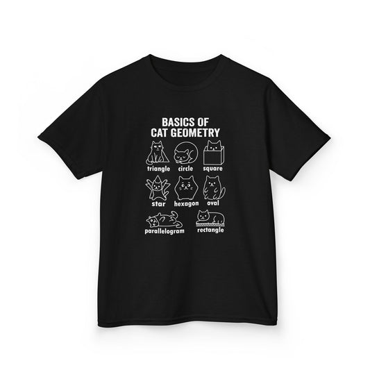  Black kids’ t-shirt featuring “Basics of Cat Geometry” with cute cartoon cat math shapes—purrfect gift for students, teachers, and animal lovers.