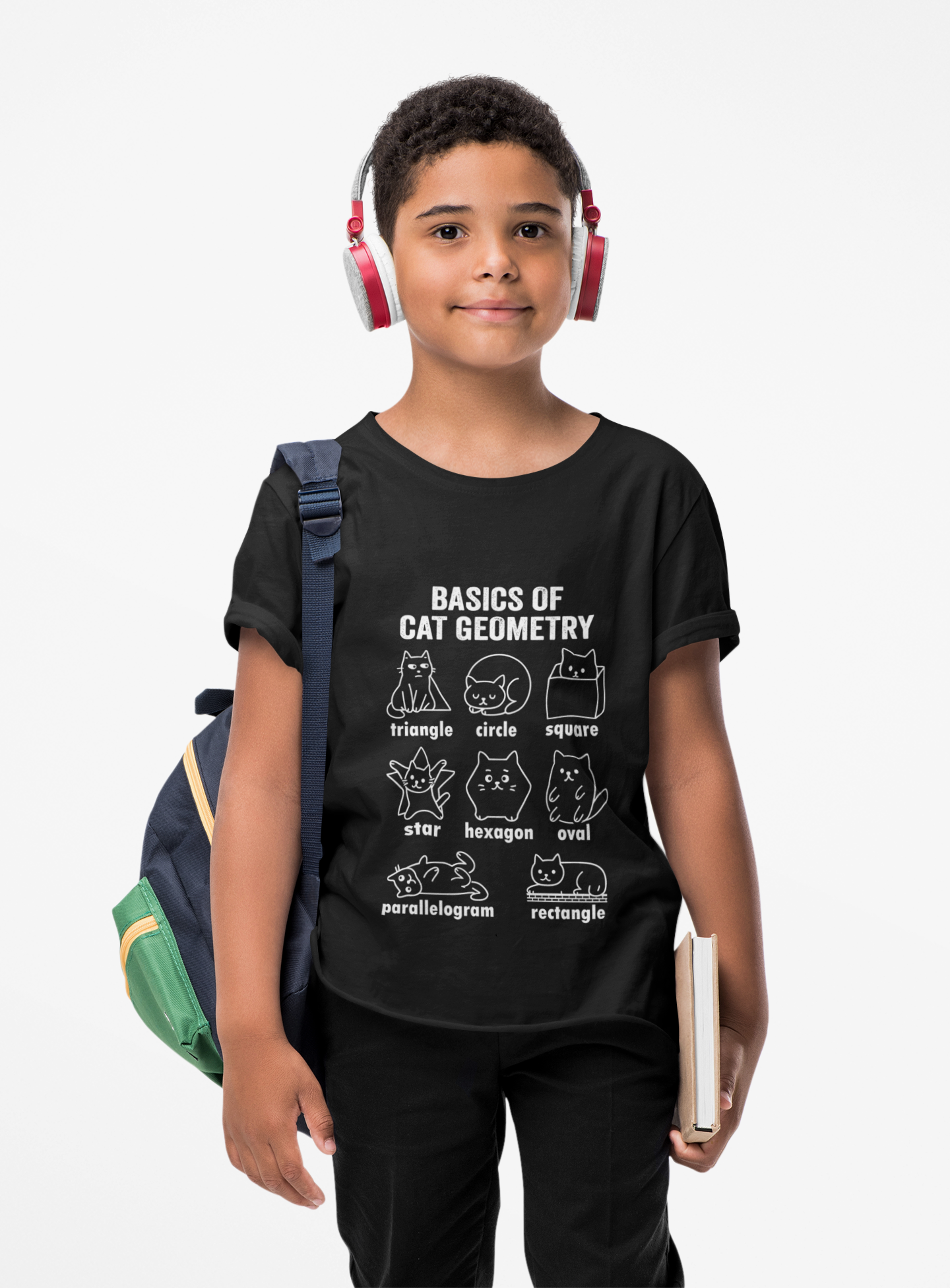 Smiling boy wearing “Basics of Cat Geometry” t-shirt, ready for school; showcases fit, classroom fun, and math nerd style.