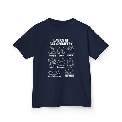 Navy version of the math cat t-shirt—cartoon feline shapes for learning, school spirit, or cat birthday gifts for kids.
