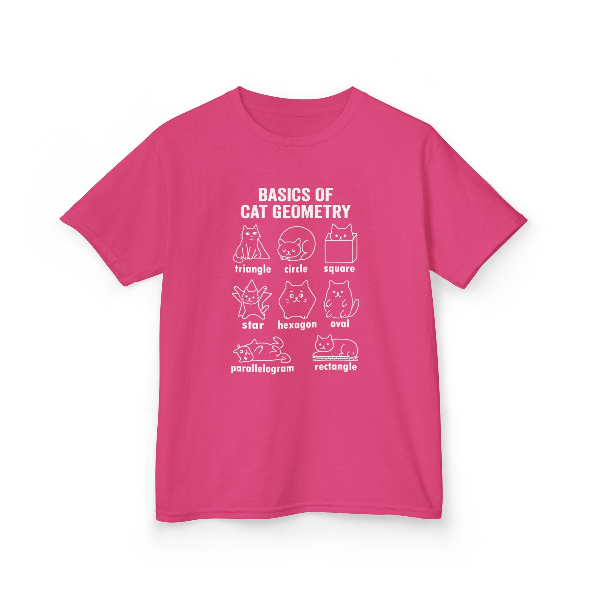 Pink t-shirt with funny cat geometry design, ideal for girls who love math and pets—great for school, play, or birthday parties.