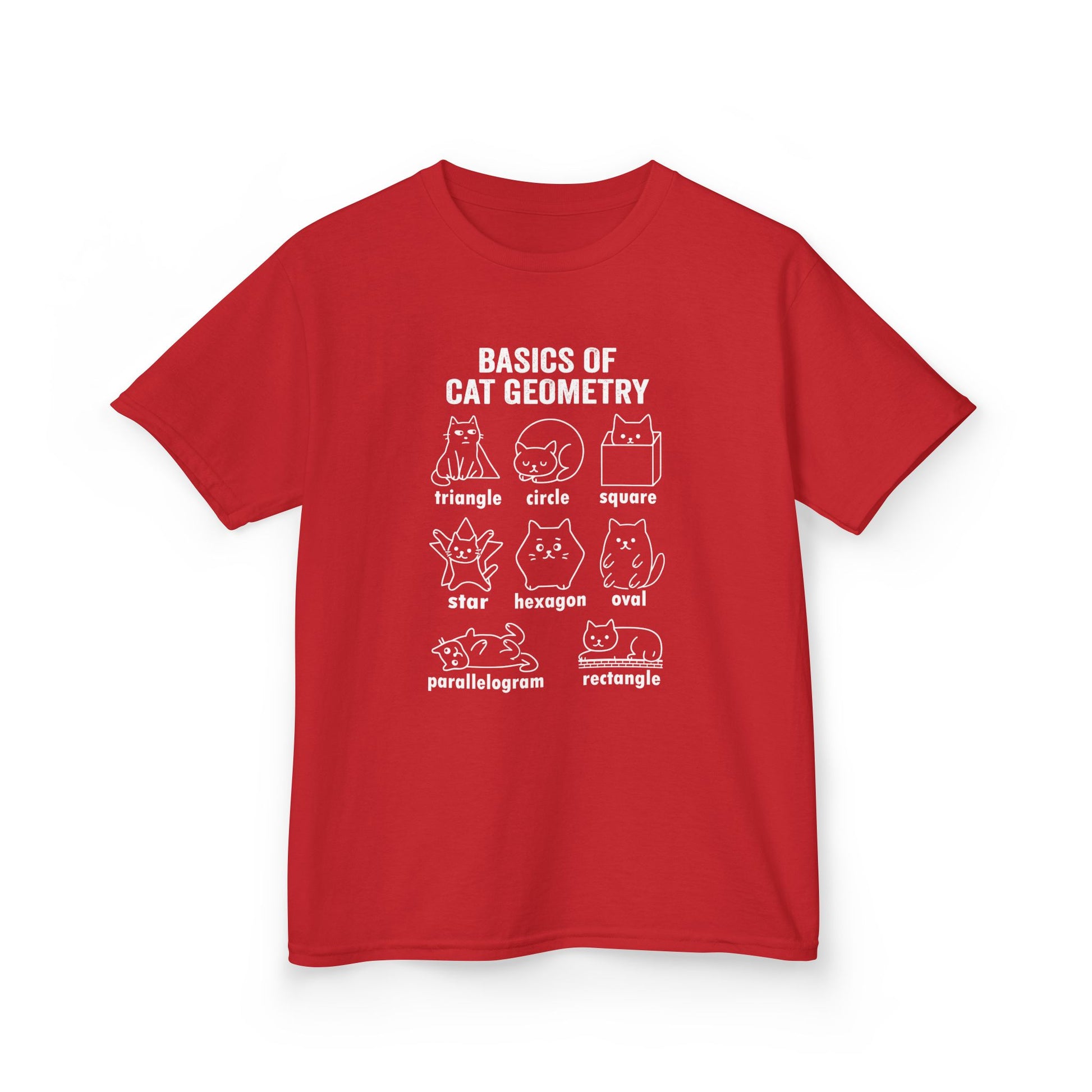 Red kids’ cat geometry shirt with playful math design, unique gift for kids, siblings, or little mathematicians.