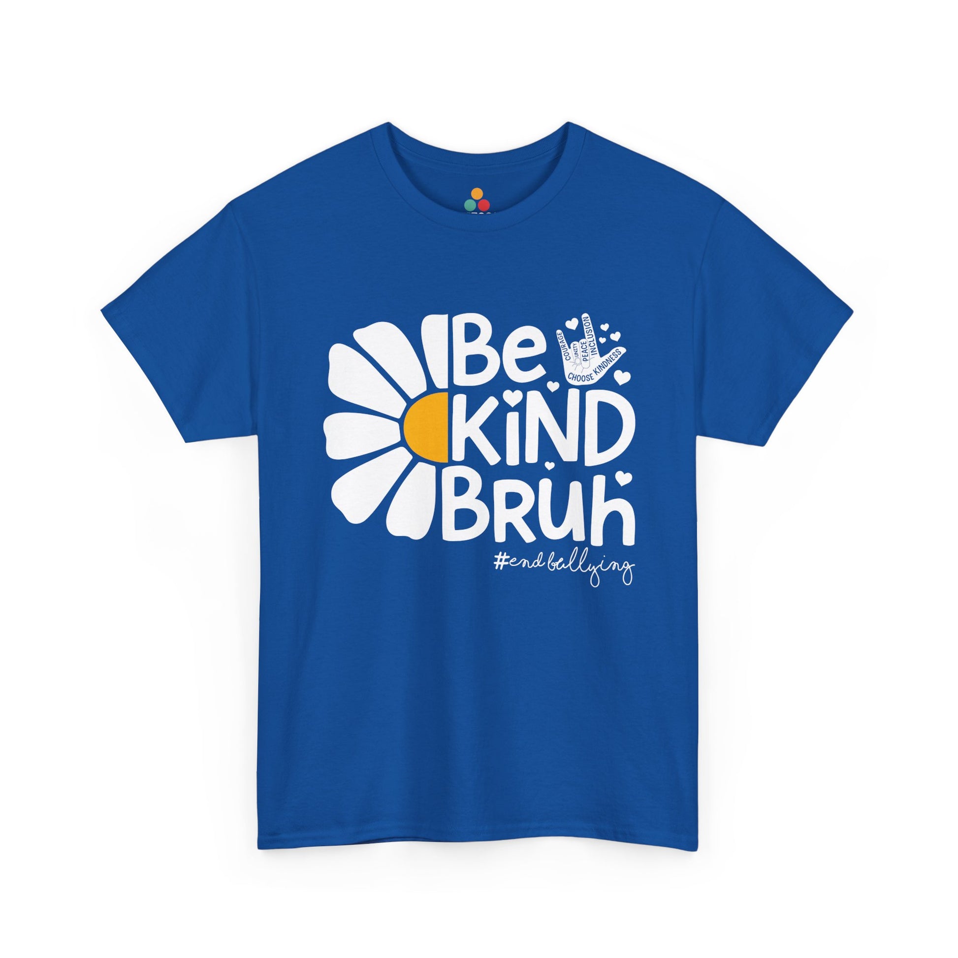 “Teezoca blue Be Kind Bruh shirt, daisy flower anti bullying youth tee, positive message, front photo”

