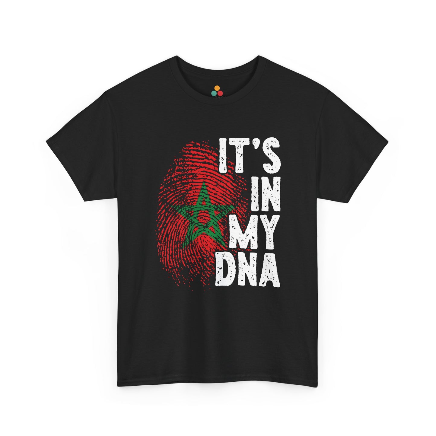  black T-shirt featuring a red and green fingerprint in the design of the Moroccan flag with the star symbol, paired with the phrase "It's In My DNA," a Moroccan pride heritage shirt and cultural identity tee.

