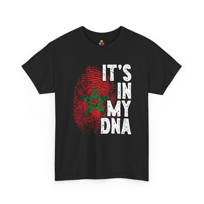  black T-shirt featuring a red and green fingerprint in the design of the Moroccan flag with the star symbol, paired with the phrase "It's In My DNA," a Moroccan pride heritage shirt and cultural identity tee.


