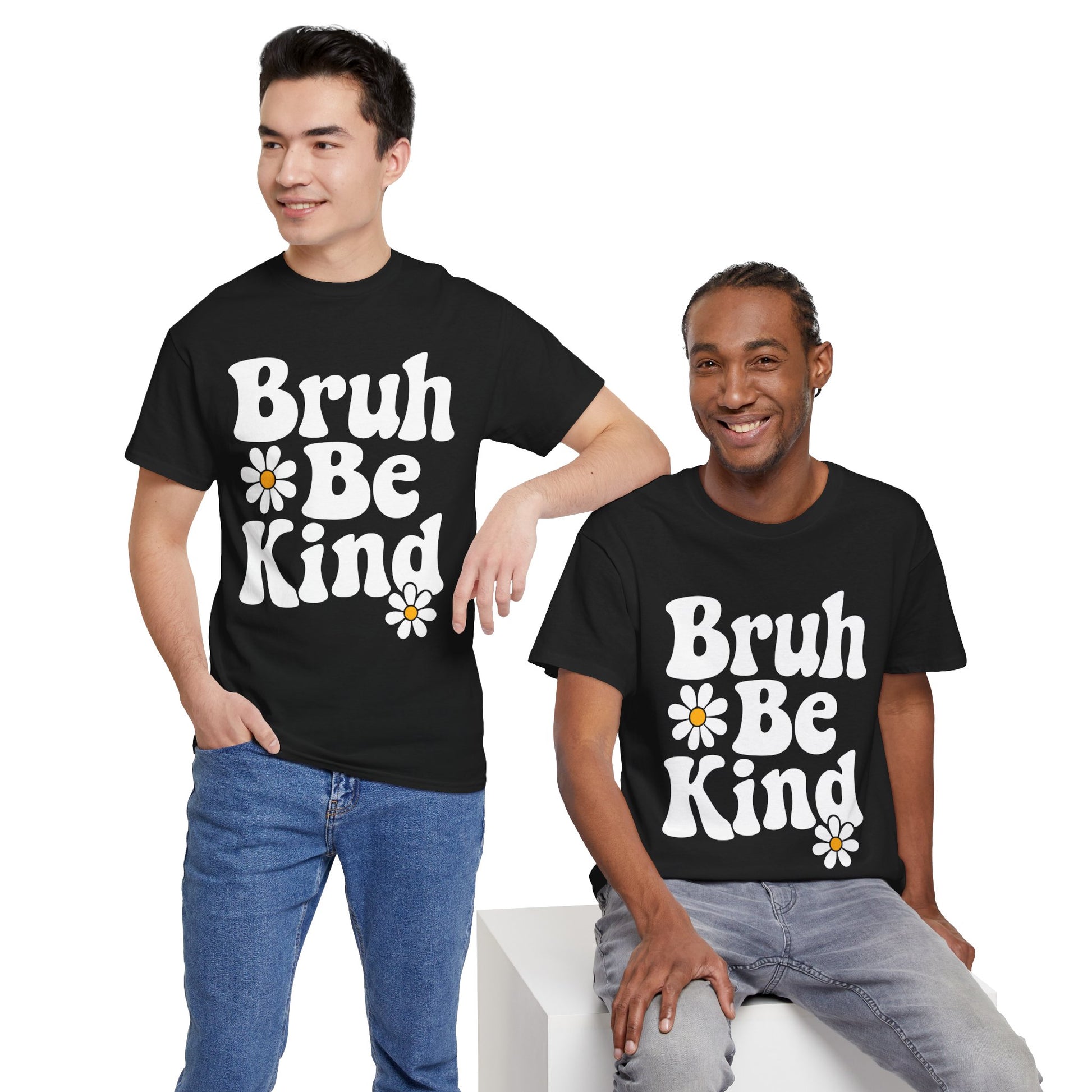  Men models styled in “Bruh Be Kind” shirts, showing trendy retro kindness tee for friends, classrooms, or group gifting.