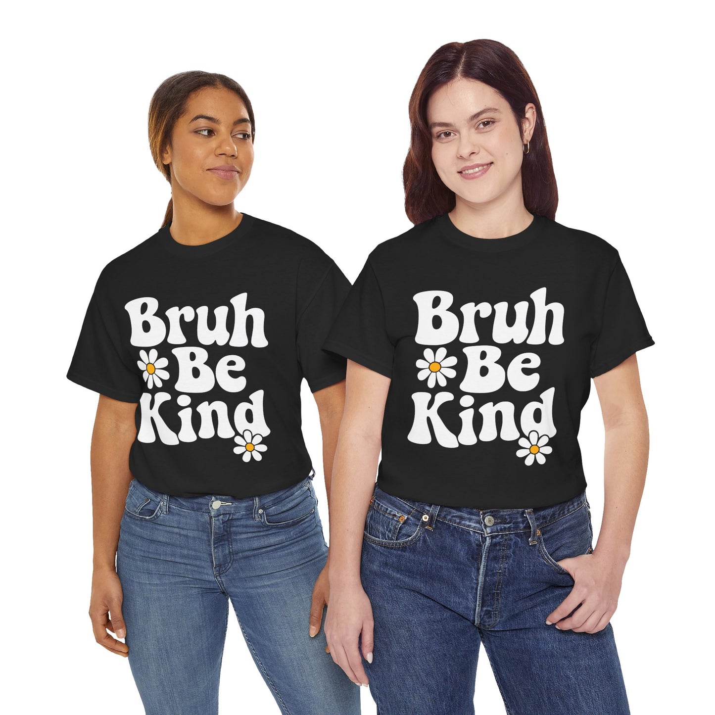  Female models styled in “Bruh Be Kind” shirts, showing trendy retro kindness tee for friends, classrooms, or group gifting.