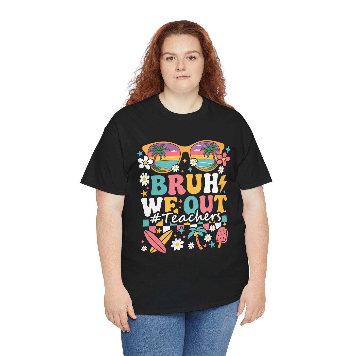 “Female model in black Bruh We Out #Teachers teacher summer vacation graphic tee”