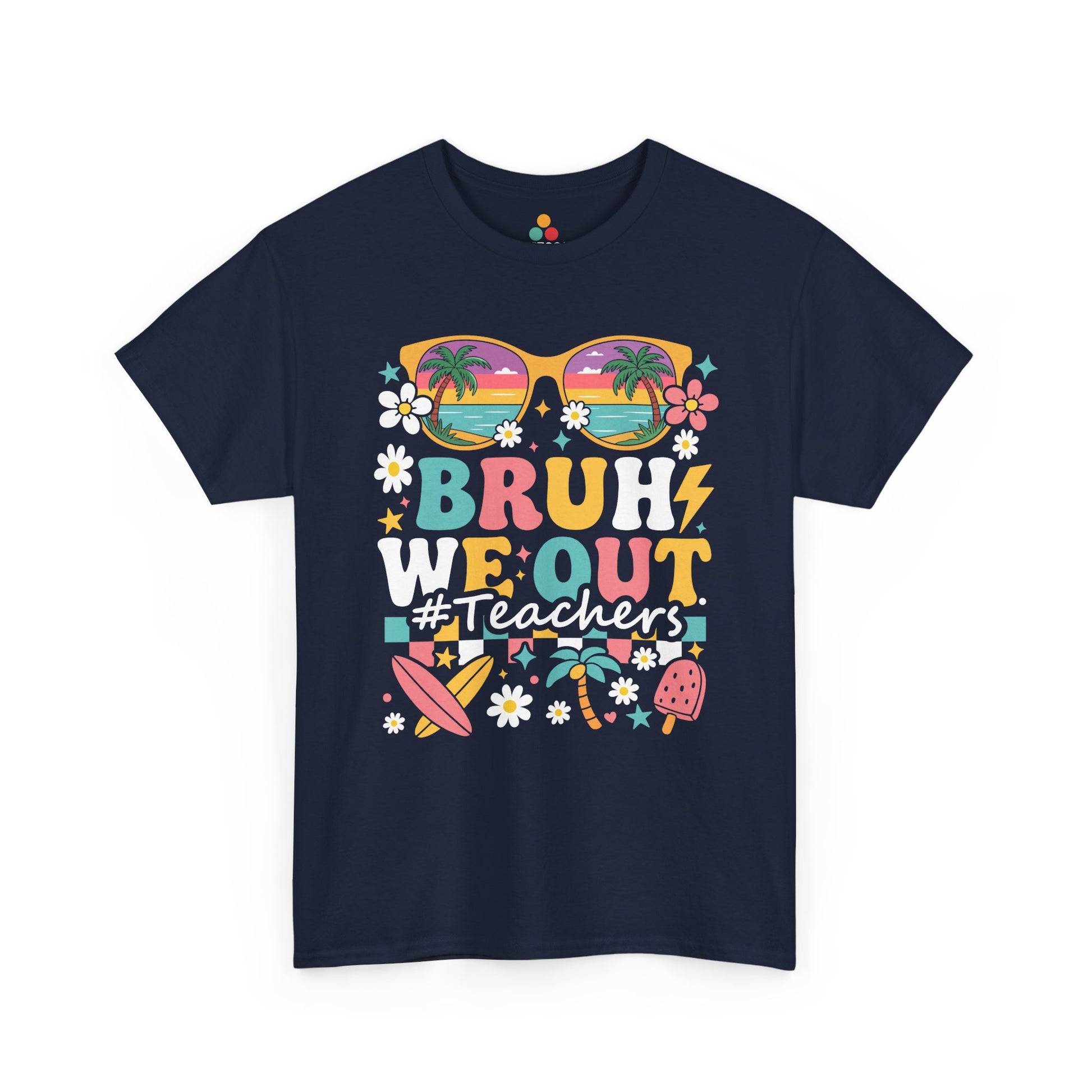 “Bruh We Out #Teachers tropical graphic on navy tee, front view”