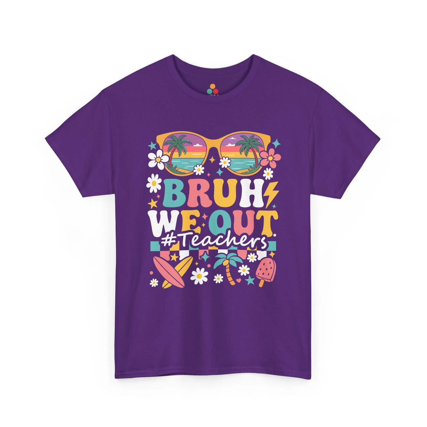 “Bruh We Out #Teachers colorful summer icon graphic on purple t‑shirt, front view”