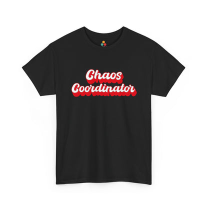 Black t-shirt with bold red and white “Chaos Coordinator” script—perfect for teachers, moms, event planners, or multitaskers who organize it all.