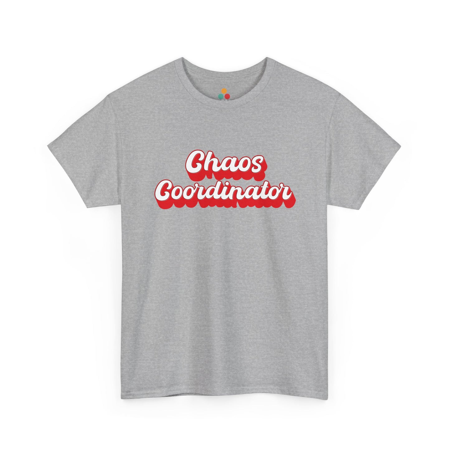 Heather gray “Chaos Coordinator” tee with playful script, showing motivational and humorous design for busy professionals and parents.