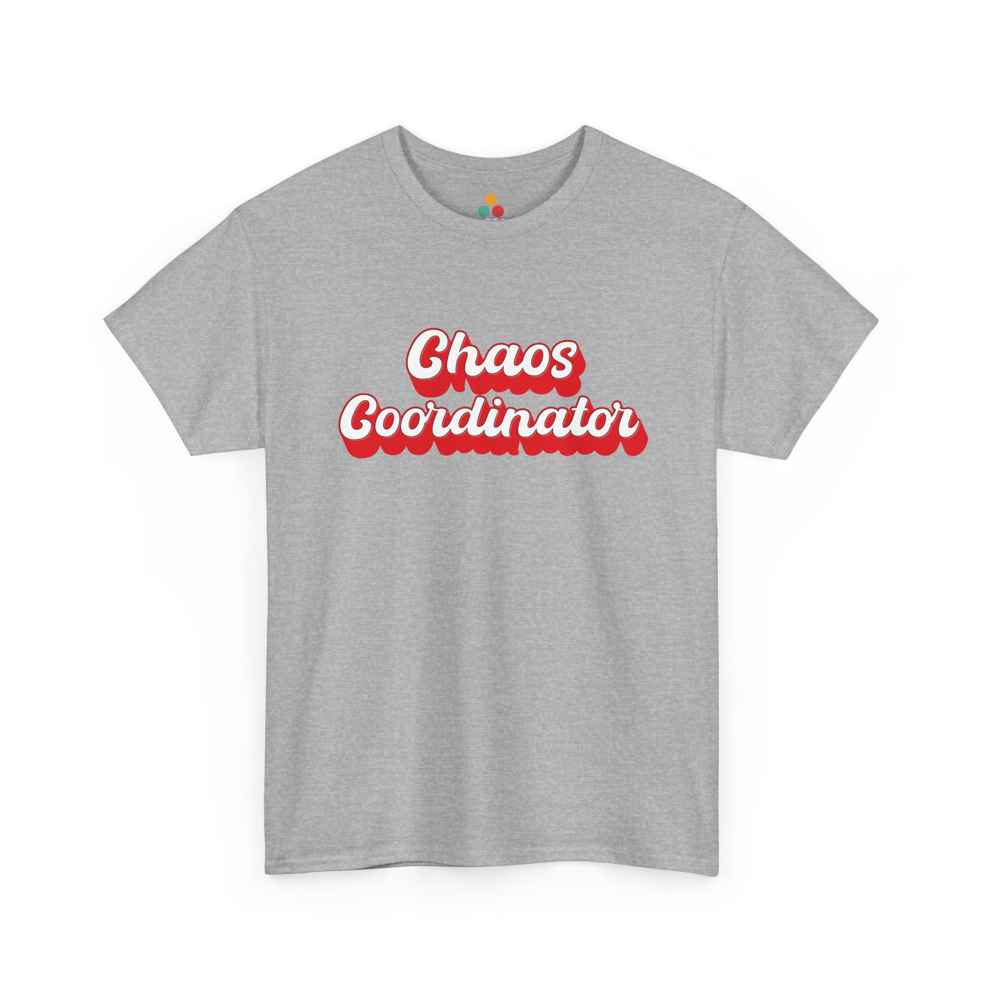 Heather gray “Chaos Coordinator” tee with playful script, showing motivational and humorous design for busy professionals and parents.