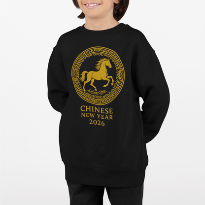 Chinese New Year 2026 Year of the Horse black sweatshirt with gold circular emblem worn by model, slightly angled view.