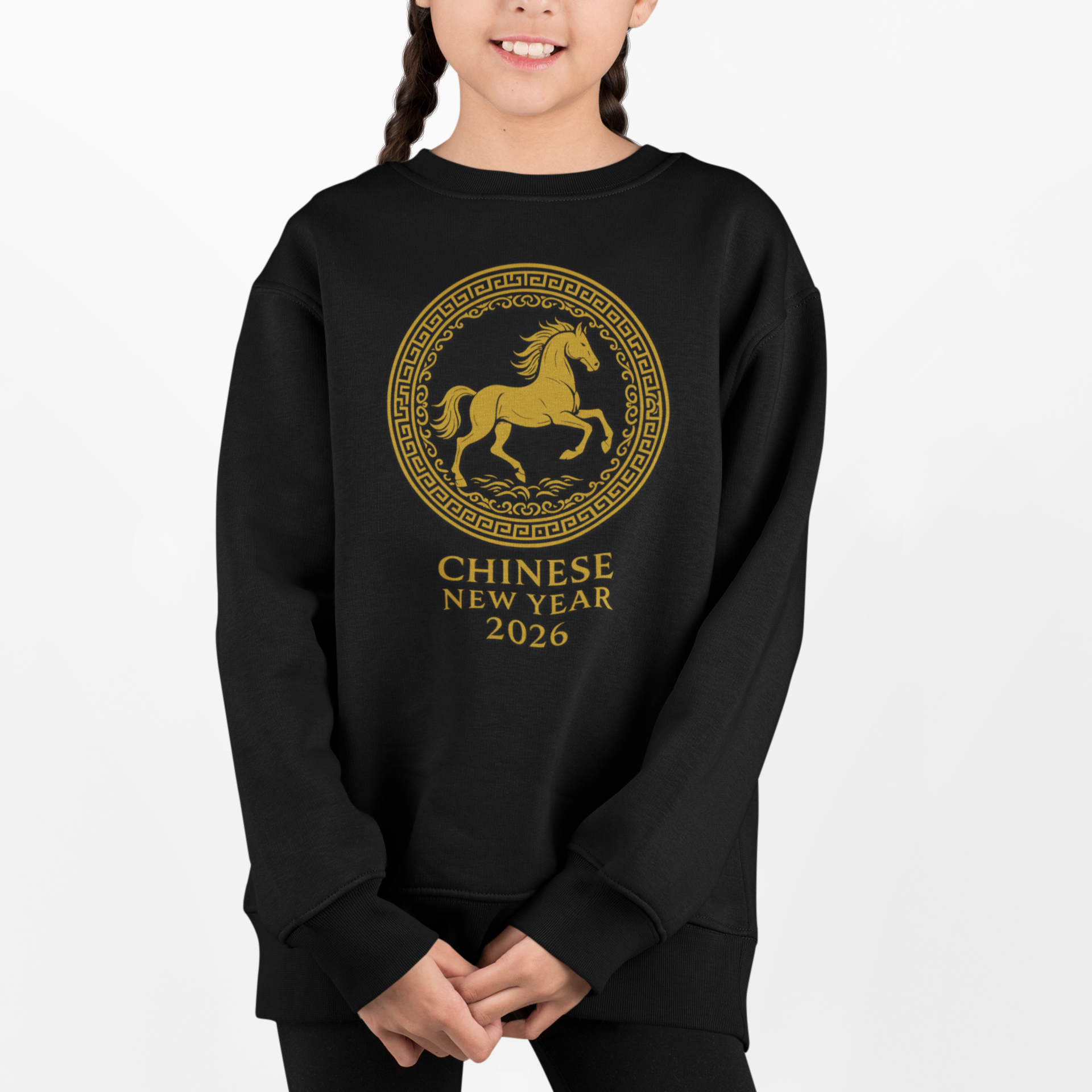 Chinese New Year 2026 Year of the Horse black sweatshirt with gold circular emblem worn by model, front view.