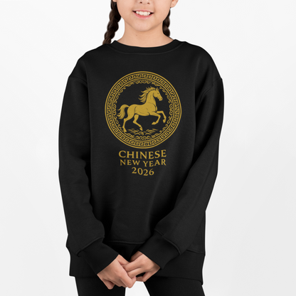 Chinese New Year 2026 Year of the Horse black sweatshirt with gold circular emblem worn by model, front view.