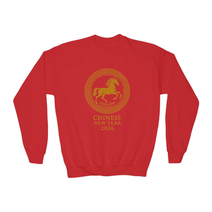 Chinese New Year 2026 Year of the Horse sweatshirt in red with gold circular emblem, front flat view.