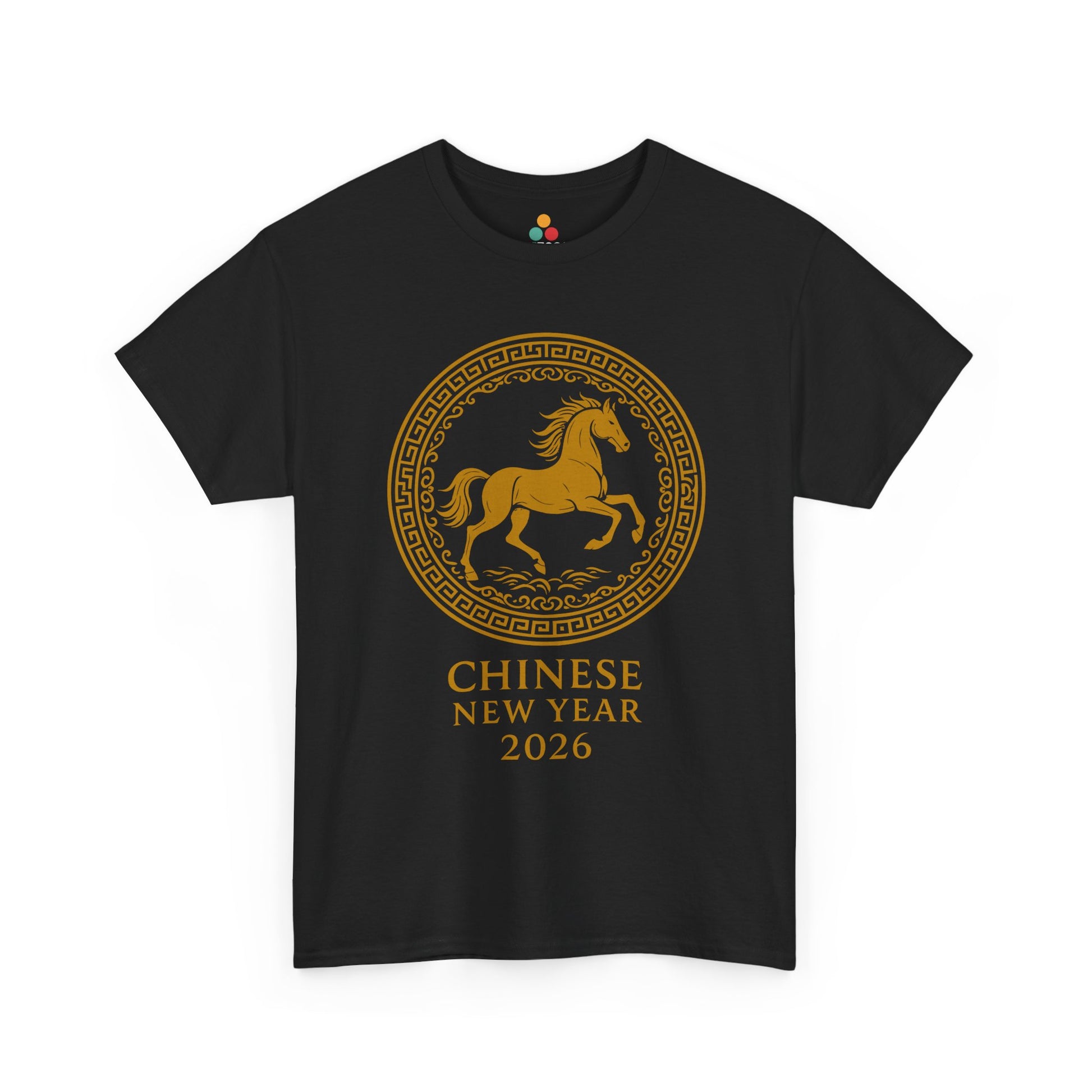  Black t-shirt with gold Chinese New Year 2026 horse emblem inside ornate circular border, elegant zodiac horse tee for Lunar New Year celebrations.
