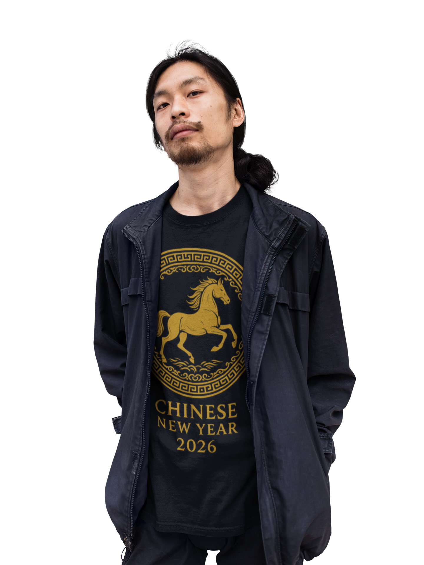 Person wearing Chinese New Year 2026 horse t-shirt under dark jacket, showing casual layered Lunar New Year outfit.