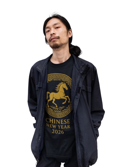 Person wearing Chinese New Year 2026 horse t-shirt under dark jacket, showing casual layered Lunar New Year outfit.
