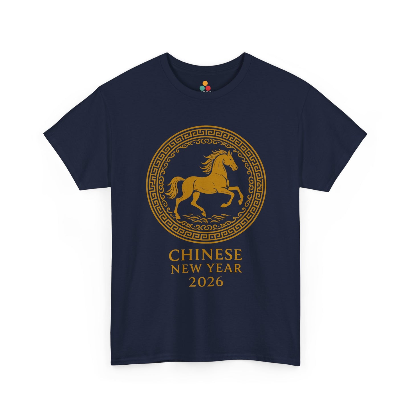 Navy Chinese New Year 2026 t-shirt showcasing a gold zodiac horse medallion, stylish festival shirt for men and women.