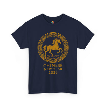 Navy Chinese New Year 2026 t-shirt showcasing a gold zodiac horse medallion, stylish festival shirt for men and women.