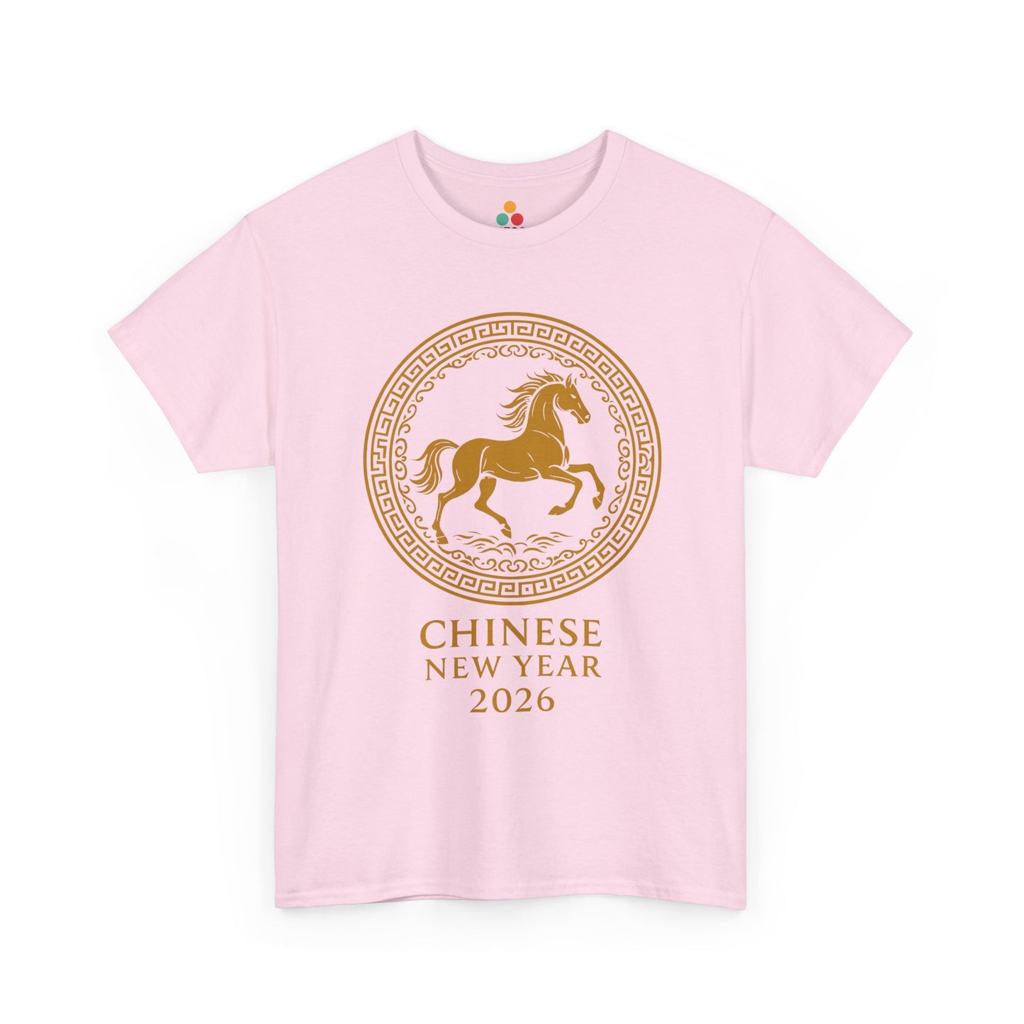 Pink t-shirt with gold Chinese New Year 2026 horse artwork, cute zodiac tee for women and teens celebrating Lunar New Year.