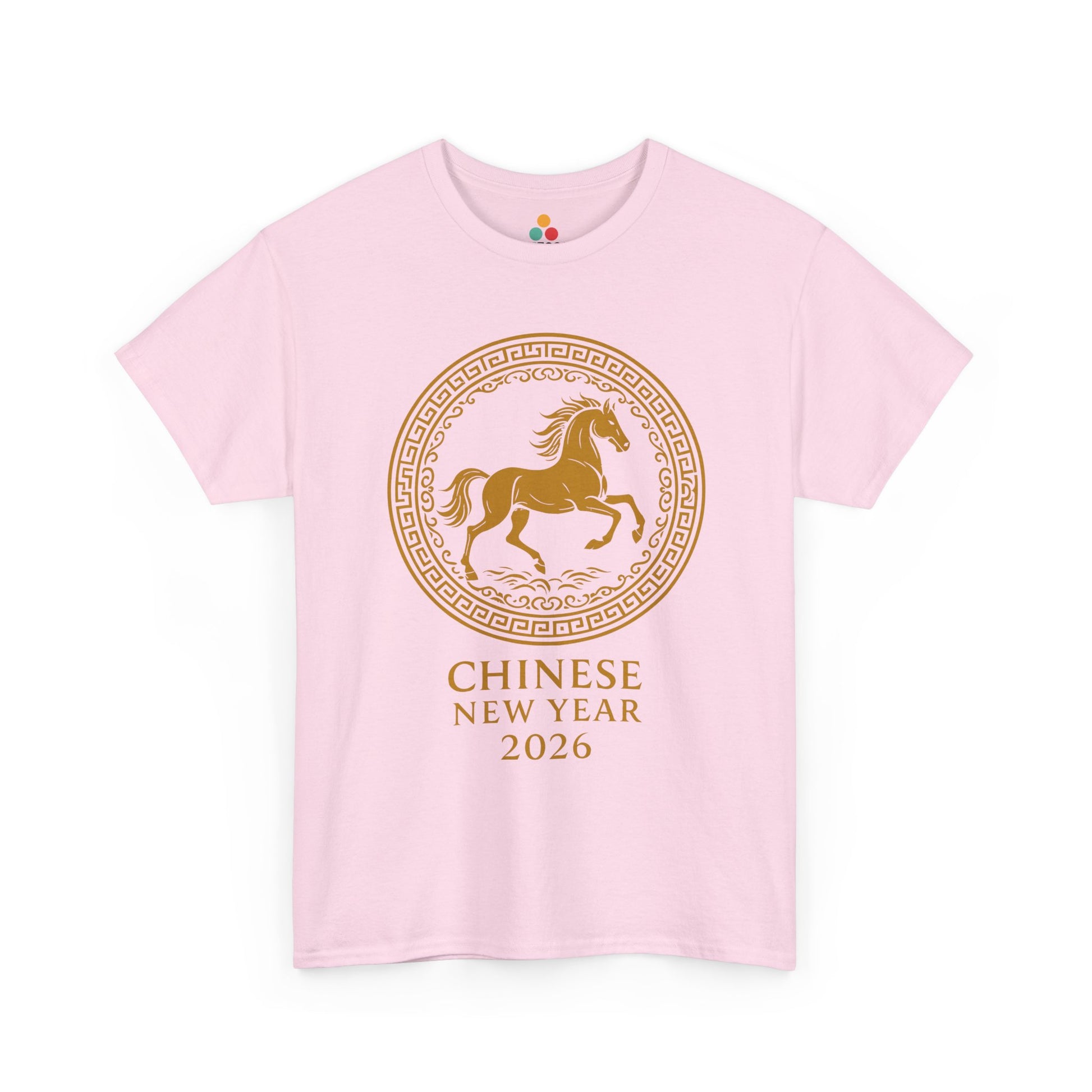 Pink t-shirt with gold Chinese New Year 2026 horse artwork, cute zodiac tee for women and teens celebrating Lunar New Year.