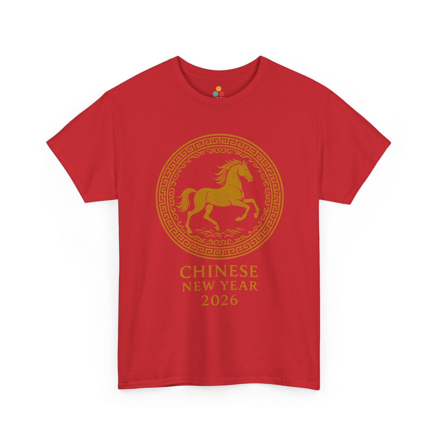 Red Chinese New Year 2026 horse t-shirt with gold circular emblem, lucky zodiac horse tee perfect for Lunar New Year parades and gatherings.
