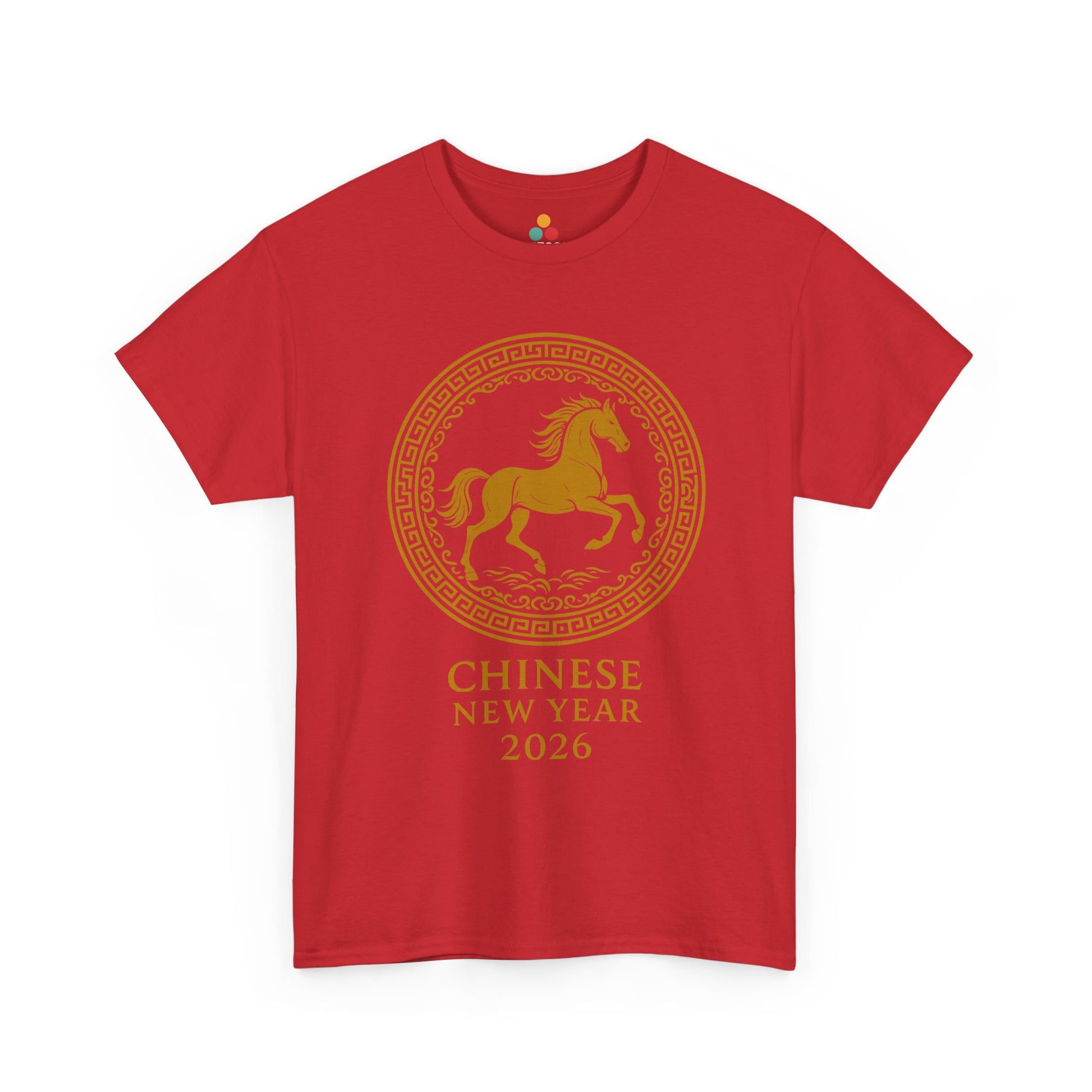 Red Chinese New Year 2026 horse t-shirt with gold circular emblem, lucky zodiac horse tee perfect for Lunar New Year parades and gatherings.