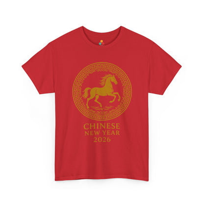 Red Chinese New Year 2026 horse t-shirt with gold circular emblem, lucky zodiac horse tee perfect for Lunar New Year parades and gatherings.