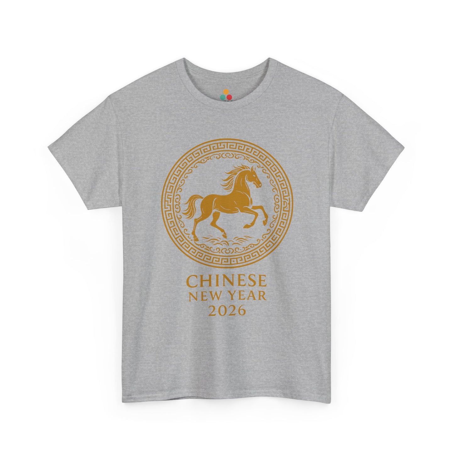 Grey t-shirt with refined gold horse and Chinese New Year 2026 lettering, subtle zodiac design for everyday Lunar New Year style.