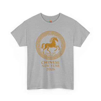 Grey t-shirt with refined gold horse and Chinese New Year 2026 lettering, subtle zodiac design for everyday Lunar New Year style.