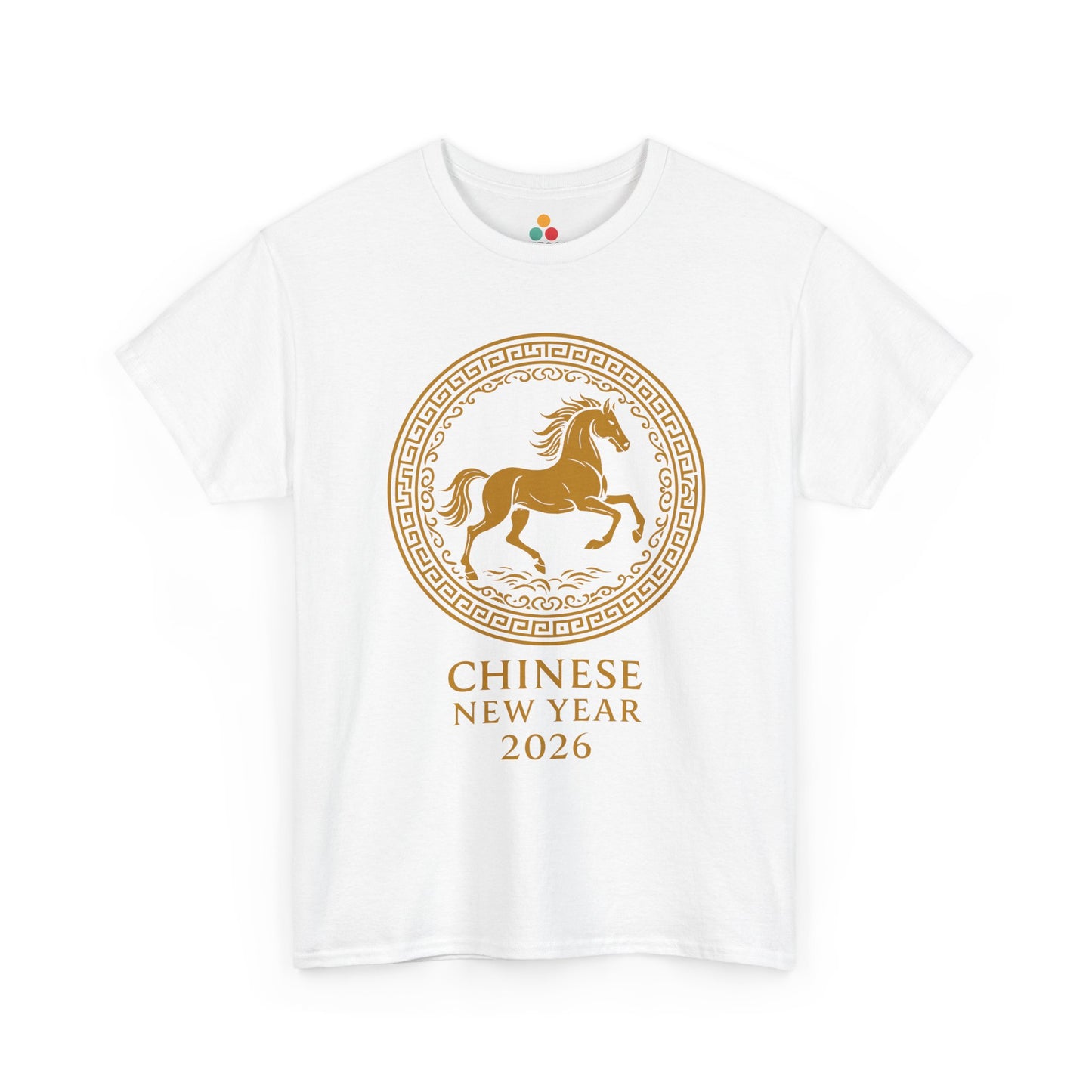 White t-shirt featuring gold Chinese New Year 2026 horse design with traditional frame, festive zodiac shirt for Spring Festival parties and family photos.