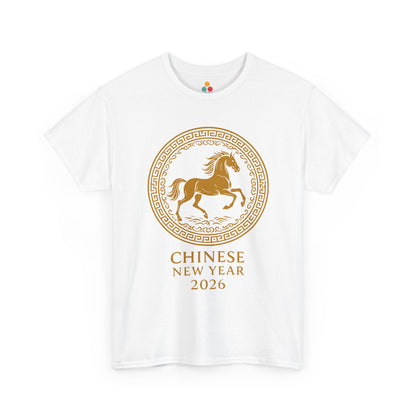 White t-shirt featuring gold Chinese New Year 2026 horse design with traditional frame, festive zodiac shirt for Spring Festival parties and family photos.
